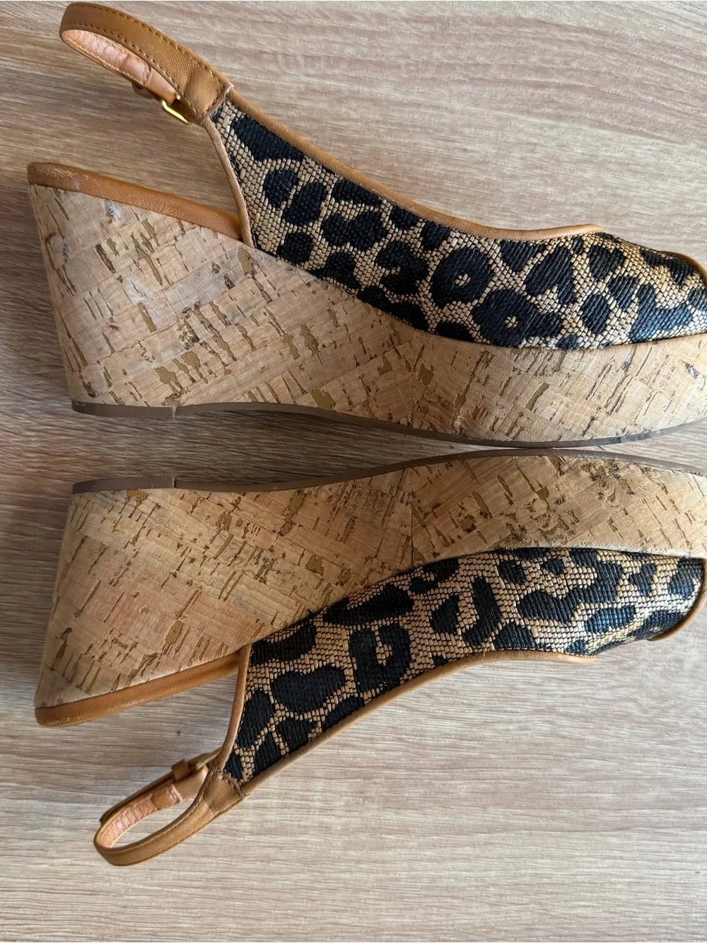 Tory Burch Tan & Black Leopard Wedge Cork Wedge Platform Sling-backs Sz 8